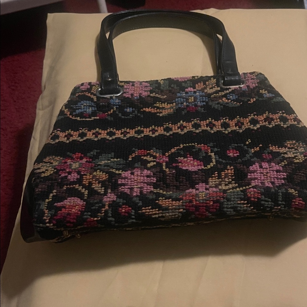 Floral Tapestry Handbag with Black Handles